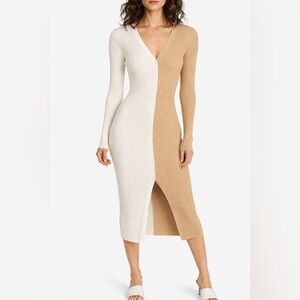 STAUD Women's Ribbed Cardigan - Cream and Tan Fitted.. HOT DRESS ❤️‍🔥🌺